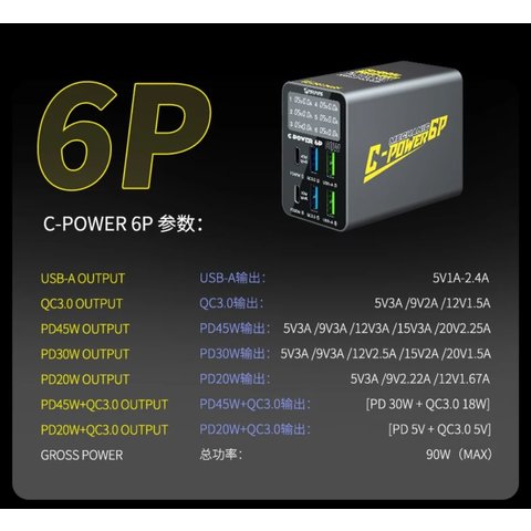 Adaptador de red Mechanic C-Power 6P, 90 W, Quick Charge, Power Delivery (PD), 6 puertos Vista previa  1