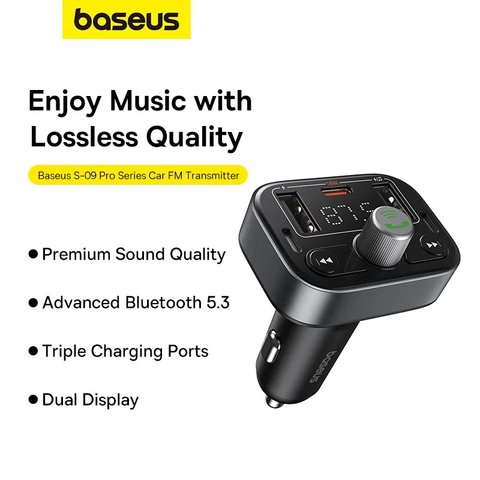 FM-трансмітер Baseus S-09 Pro , чорний, з кнопкою, з дисплеєм, з автомобільною зарядкою, з Bluetooth, USB тип-C, USB тип-A, 3 порта, 35 Вт, 12-24 B, #C10762200113-00 Прев'ю 4